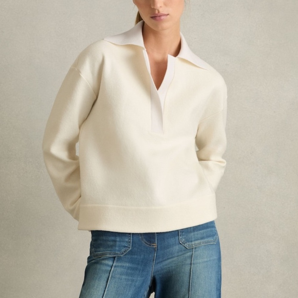 Reiss Amy Wool Open-Placket Shirt in Cream, Size S